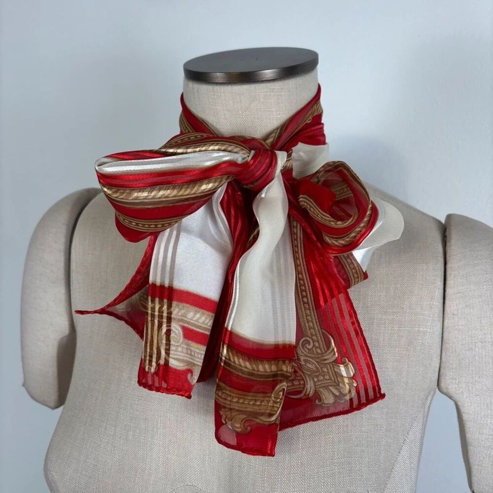 Vintage Liz Claiborne Red Cream Gold Stripe Baroque Scarf Sheer Oblong 10x52